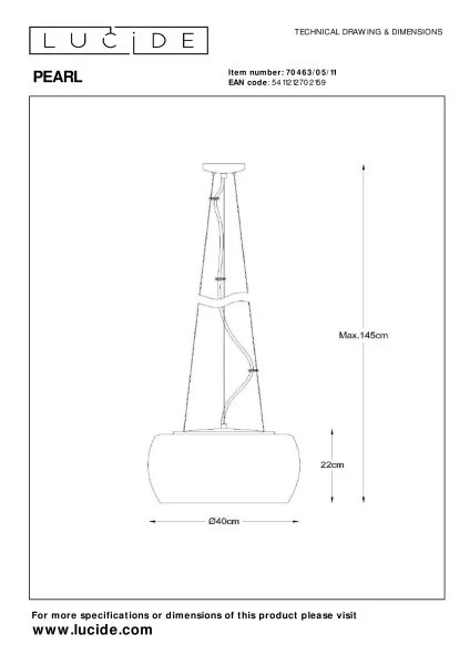 Lucide PEARL - Suspension - Ø 40 cm - 5xG9 - Chrome - TECHNISCH